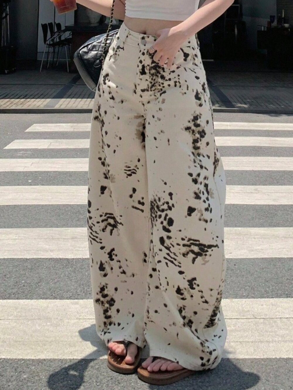 White Casual Women's Textured Random Print Zipper Fly Harem Pants